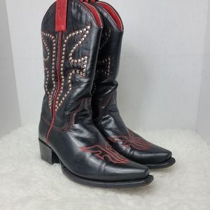 Frye Duke Cowgirl Western Boots Womens Size 6 Black Daisy Studded Leather Shoes